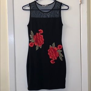 Little black dress w/ red roses and sheer top